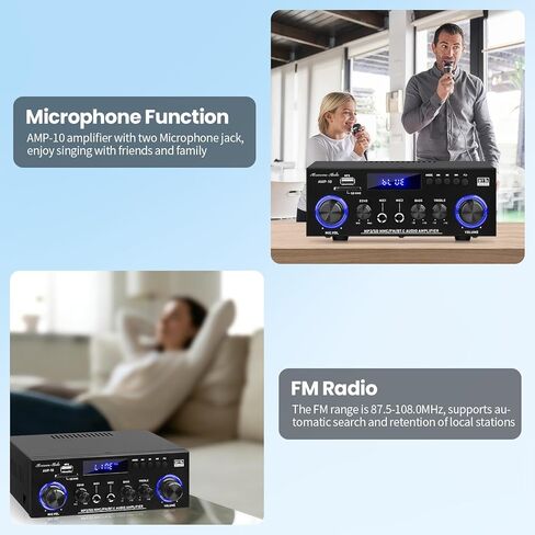 AMP-10 Bluetooth Amplifiers RMS 50WX2 Stereo Audio Amp Receivers for Home Speaker 2.0 Channel Max 600W Output Mini Power Amplifier w/FM Radio, Echo, MIC, USB, SD Input for Home,Car Audio in Saudi Arabia