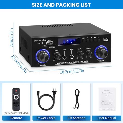 AMP-10 Bluetooth Amplifiers RMS 50WX2 Stereo Audio Amp Receivers for Home Speaker 2.0 Channel Max 600W Output Mini Power Amplifier w/FM Radio, Echo, MIC, USB, SD Input for Home,Car Audio in Saudi Arabia