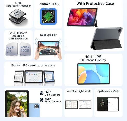 EHFiDC Tablet 10 Inch, Android 16 Tablets with Octa-Core Processor, 24GB RAM 64GB Storage 2TB Expandable, 1280x800 IPS HD Display, GPS, 5MP+8MP Dual Camera, 6000mAh Battery, Tablet with Case, Blue in Saudi Arabia