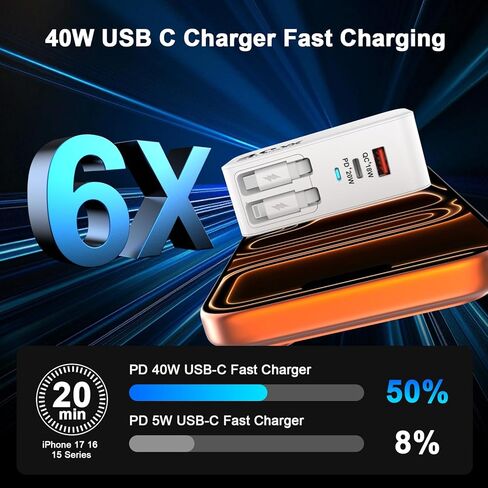 4-in-1 Retractable Wall Charger, 40W Retractable iPhone Charger Wall Plug with Dual 3ft Lightning + Type C Charging Cables, 4-Ports USB C Charger Foldable Block for iPhone 17 16 15 14 13 12 11 8 7 in Saudi Arabia