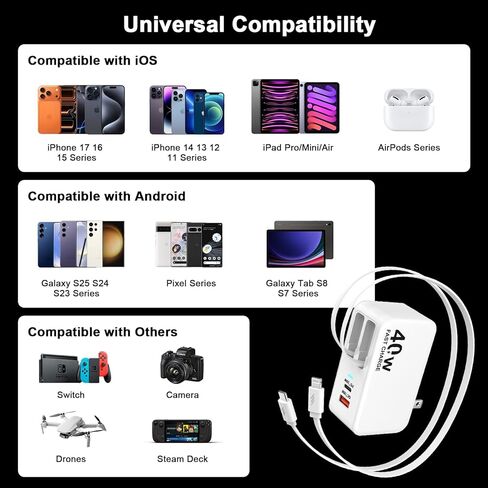 شاحن حائط قابل للسحب 4 في 1، قابس جداري لشاحن iPhone قابل للسحب بقدرة 40 وات مع كابلات شحن مزدوجة 3 أقدام + نوع C، شاحن USB C بأربعة منافذ، كتلة قابلة للطي لهاتف iPhone 17 16 15 14 13 12 11 8 7 in Kuwait