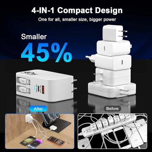 شاحن حائط قابل للسحب 4 في 1، قابس جداري لشاحن iPhone قابل للسحب بقدرة 40 وات مع كابلات شحن مزدوجة 3 أقدام + نوع C، شاحن USB C بأربعة منافذ، كتلة قابلة للطي لهاتف iPhone 17 16 15 14 13 12 11 8 7 in Kuwait