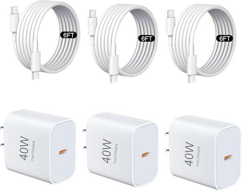 3 عبوات شاحن USB C بقوة 40 وات شحن سريع مع كابل USB C بطول 6 أقدام، شاحن من النوع C لأجهزة iPhone 17/17 Pro/17 Pro Max/16/15/15 Pro Max، شاحن سريع لأجهزة iPhone، وشواحن USB-C لأجهزة USB-C in Kuwait