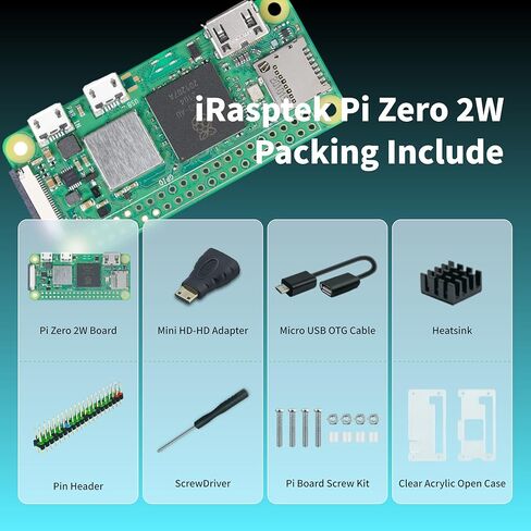 iRasptek Basic Kit for Raspberry Pi Zero 2 W with Acrylic Case,Mini HD-HD Adapter,Heatsink,Pin Header,Micro USB OTG Cable,Screwdriver| Ideal for DIY, IoT and STEM Projects in Saudi Arabia