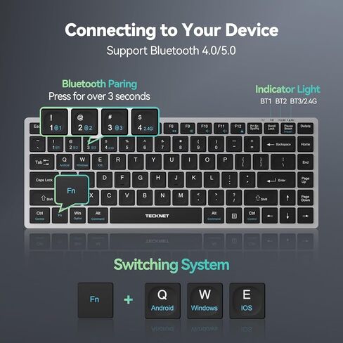 TECKNET Bluetooth Keyboard Rechargeable, 4-Device (2.4G+3BT) Wireless Keyboard, Ultra-Slim Quiet Typing, 14 Hotkeys Computer Keyboard for PC/Laptop/Smart TV/Tablet/iPad in Saudi Arabia