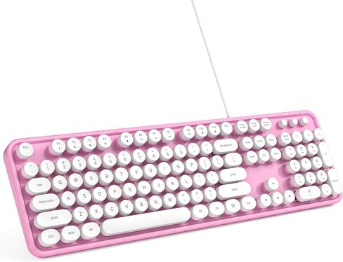 MOWUX Computer Keyboard Wired, Plug and Play USB Retro Round Typewriter Keyboard, Full Size Wired Keyboard with Foldable Stands for Laptop and Office PC- Purple Colorful in Kuwait