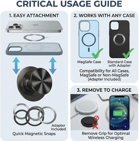حامل بمقبض هاتف MagSafe أسود، حامل هاتف مغناطيسي من سبائك الألومنيوم، مسند قابل للطي قابل للإزالة مع حلقة مغناطيسية لهاتف iPhone 16 15 14 13 12، Android، Samsung، Pixel in Saudi Arabia