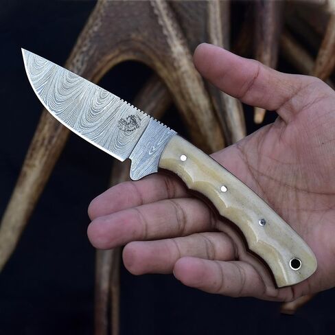 Knives Ranch Handmade 7-1/2" Arched Hunting Knife - Full Tang - Damascus Steel - Cattle Bone Handle - Heavy Duty Leather Sheath (3183-B) in Saudi Arabia
