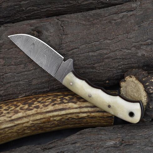 Knives Ranch Handmade 7-1/2" Arched Hunting Knife - Full Tang - Damascus Steel - Cattle Bone Handle - Heavy Duty Leather Sheath (3183-B) in Saudi Arabia