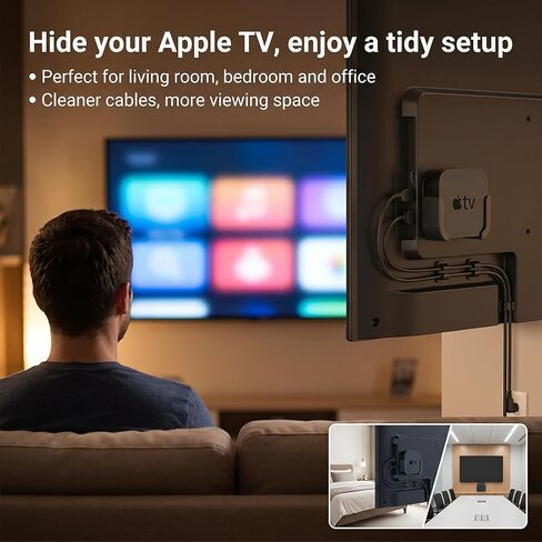 لحامل تلفزيون Apple خلف التلفزيون، يتم تثبيته على جدار التلفزيون لجهاز Apple TV 4K، متوافق مع جميع أجيال تلفزيون Apple، ABS متين مع لمعان - أسود in Kuwait