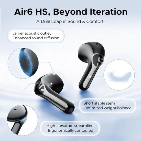 SoundPEATS Air6 HS Wireless Earbuds, Bluetooth 6.0, LDAC Hi-Res Audio for HiFi Sound, 13mm Dynamic Driver, Total 45H, Quick Charging, IPX5 Resistant, Comfortable Fit, ENC Noise Canceling, Support App in Saudi Arabia