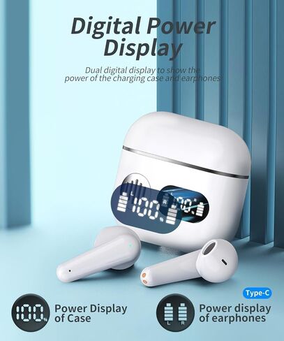 سماعات أذن لاسلكية باللون الأبيض، سماعات رأس بلوتوث مع شاشة رقمية LED مزدوجة وميكروفون ENC، سماعات أذن بصوت ستيريو تدوم 48 ساعة، سماعة رأس لاسلكية مقاومة للماء IP7 لتشغيل التدريبات in Saudi Arabia