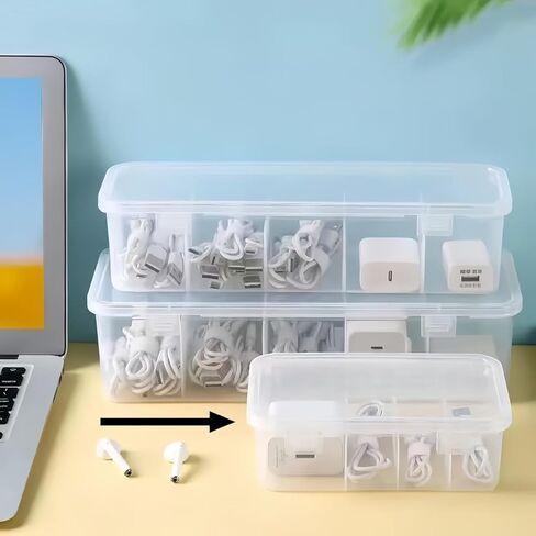 1Pc Large Capacity Data Cable Storage Box with Lid & 4 Compartments, Durable Plastic Organizer for Office & Home, Space Saving Desktop Storage for Cable & Daily Accessories Organization in Saudi Arabia