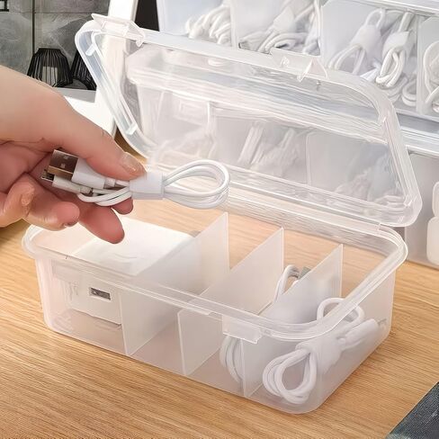1Pc Large Capacity Data Cable Storage Box with Lid & 4 Compartments, Durable Plastic Organizer for Office & Home, Space Saving Desktop Storage for Cable & Daily Accessories Organization in Saudi Arabia