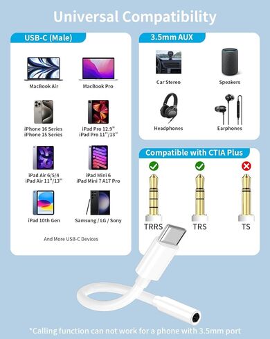 USB C to 3.5mm Headphone Jack Adapter MFi Certified HiFi 3 Pack Type C Aux Audio Dongle Cable Cord for iPhone 17 Air 16e 16 15 Samsung Galaxy S25 S24 S23 S22 Plus Pro Max Ultra Note Pixel iPad MacBook in Saudi Arabia
