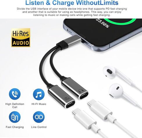 Mandiq USB C Splitter 1 in 2 Out，Type C to Headphone Jack Adapter and Charger Adapter Audio Dongle Cable with PD 100W for iPhone 16 15 Pro Max， iPad Pro，More USBC in Saudi Arabia