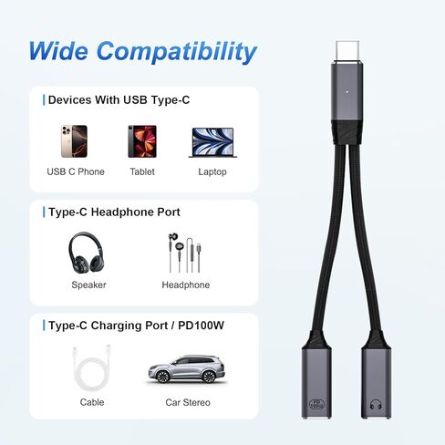 Mandiq USB C Splitter 1 in 2 Out，Type C to Headphone Jack Adapter and Charger Adapter Audio Dongle Cable with PD 100W for iPhone 16 15 Pro Max， iPad Pro，More USBC in Saudi Arabia
