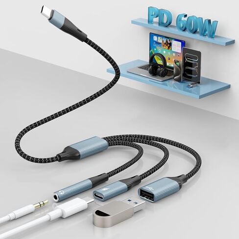 Lightning/USB C to 3.5mm Aux Audio Headphone Splitter Adapter Cable,USB OTG Camera Adapter+3.5mm Jack+Type-C Earphone/Charge Port,Phone Splitter for iPhone 15/14/13,Samsung,iPad in Saudi Arabia
