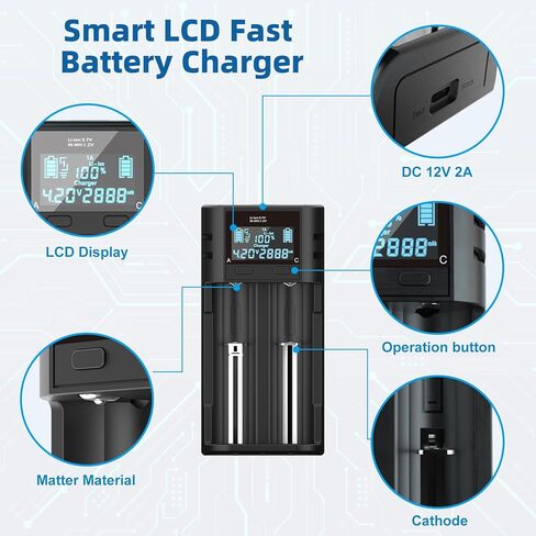 شاحن بطارية ذكي 18650، شاحن عالمي مع شاشة LCD قابلة لإعادة الشحن 14500 18500 18650 18700 20700 21700 22650 26650، 1.2 فولت Ni-MH/Ni-Cd AA AAA C (البطاريات غير متضمنة) in Kuwait