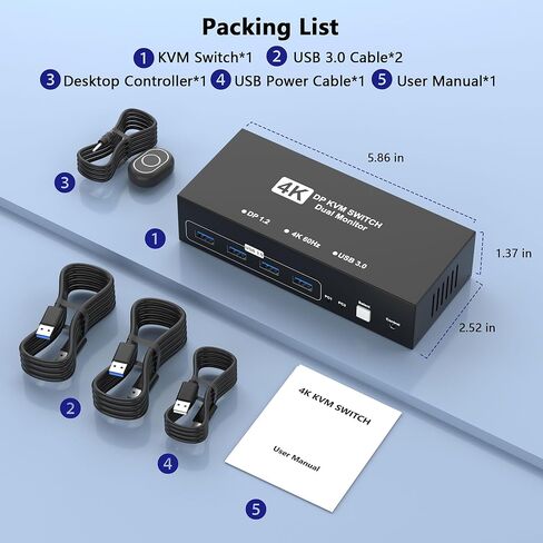 DisplayPort KVM Switch 2 شاشات 2 جهاز كمبيوتر، 4K@60 هرتز USB3.0 KVM Switch منفذ عرض لجهازي كمبيوتر يشاركان الشاشات المزدوجة و4 أجهزة USB، مفتاح شاشة تبديل الكمبيوتر لجهازي كمبيوتر in Kuwait
