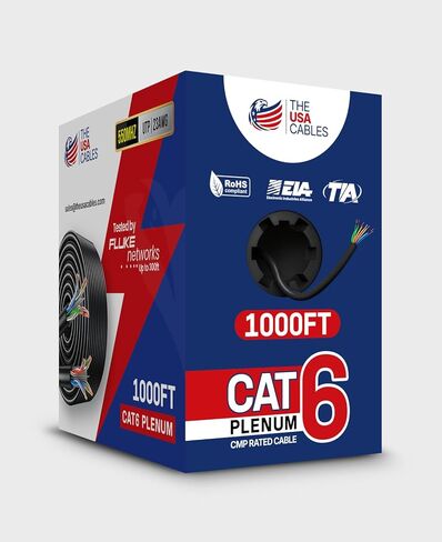 كابل Cat6 Plenum 1000FT – معتمد من DSX-8000 | موصل صلب 0.58 ملم | كابل إيثرنت عالي السرعة 10 جيجابت في الثانية | سلك شبكات ممتاز للتركيبات المنزلية والمكتبية والتجارية - أسود in Saudi Arabia