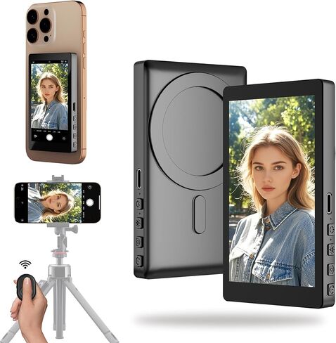 شاشة FLATIC Selfie Monitor لهواتف iPhone وAndroid، شاشة سيلفي للكاميرا الخلفية بقدرة 2000 مللي أمبير في الساعة مع جهاز تحكم عن بعد بلوتوث، مكبر صوت، سطوع 3 مستويات، تسجيل لاسلكي وسلكي بدقة 4K/30FPS، بدون تأخير in Kuwait