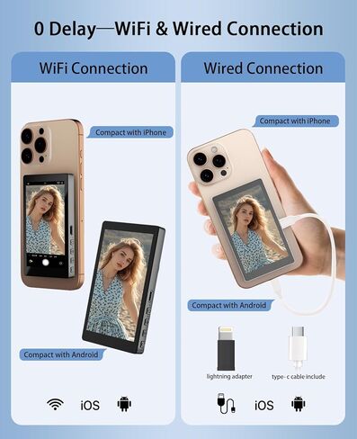 شاشة FLATIC Selfie Monitor لهواتف iPhone وAndroid، شاشة سيلفي للكاميرا الخلفية بقدرة 2000 مللي أمبير في الساعة مع جهاز تحكم عن بعد بلوتوث، مكبر صوت، سطوع 3 مستويات، تسجيل لاسلكي وسلكي بدقة 4K/30FPS، بدون تأخير in Kuwait