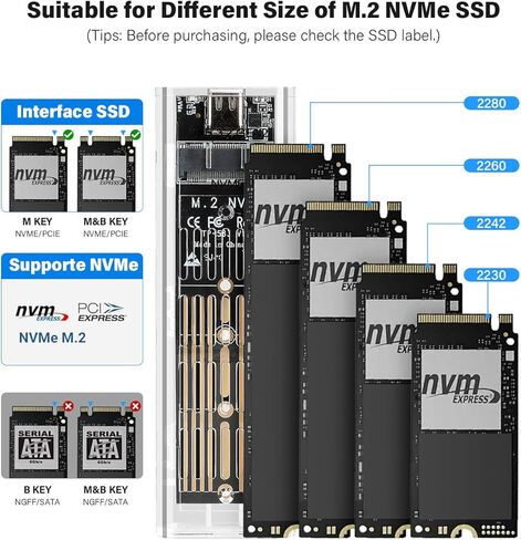 حاوية M.2 NVME SSD، USB 3.2 Gen2 10 جيجابت في الثانية خالية من الأدوات، قارئ SSD يدعم مفاتيح M وM&B بحجم 2280 2260 2242 2230 (ليس لـ SATA NGFF أو mSATA) in Saudi Arabia