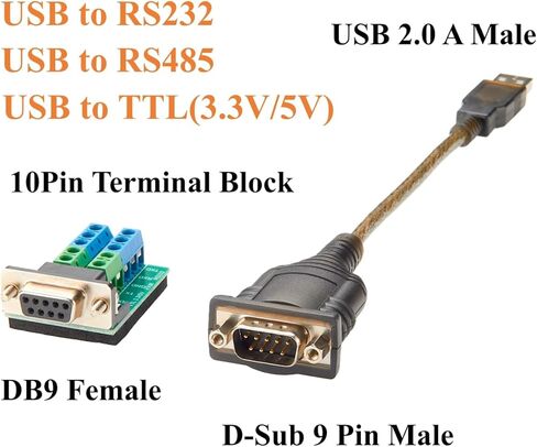 كابل محول تسلسلي 3 في 1 USB 2.0 إلى DB9 RS232 RS485 TTL 3.3 فولت 5 فولت مع شريحة FTDI FT231XS D-Sub 9Pin إلى محول كتلة طرفية منفذ COM لنظام التشغيل Windows وLinux وAndroid وMacOS (1M/3.28FT) in Kuwait