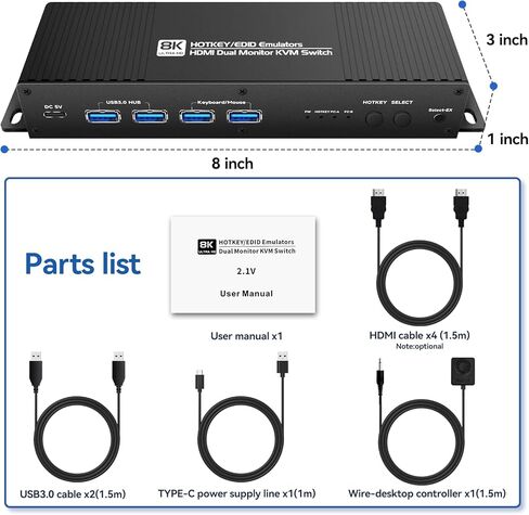 HDMI Kvm Switch 2 شاشات 2 أجهزة كمبيوتر edid Emulator 4k 144hz Hotkey Switch Dual Monitor Kvm Switch hdmi 2.1 edid 1440P 120hz 144hz 165hz 240hz 2 شاشات 2 أجهزة كمبيوتر USB3.0 in Saudi Arabia