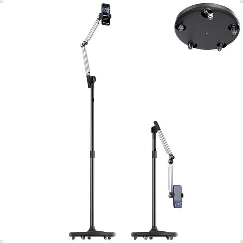 Floor Phone Stand for Recording, Overhead Phone Mount with Wheels and Weight Base, Free Rotation Aluminum Digital Heavy Duty Stand with Adjustable Angles & Height for Content Creation in Saudi Arabia