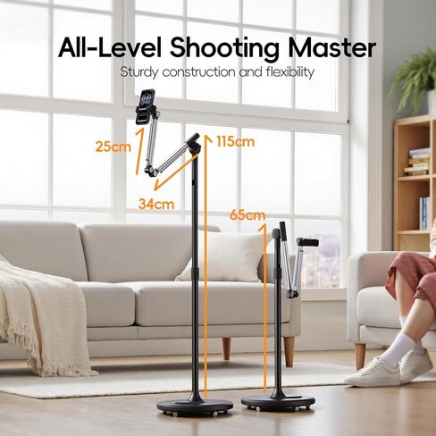 Floor Phone Stand for Recording, Overhead Phone Mount with Wheels and Weight Base, Free Rotation Aluminum Digital Heavy Duty Stand with Adjustable Angles & Height for Content Creation in Saudi Arabia