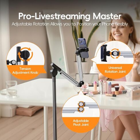 Floor Phone Stand for Recording, Overhead Phone Mount with Wheels and Weight Base, Free Rotation Aluminum Digital Heavy Duty Stand with Adjustable Angles & Height for Content Creation in Saudi Arabia