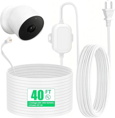 سلك طاقة 40 قدمًا / 12.2 مترًا لكاميرا Google Nest في الهواء الطلق أو في الداخل، بطارية - محول طاقة مقاوم للطقس الثاني، كابل شحن مسطح 5 فولت 2 أمبير لكاميرا Nest بشكل مستمر مع محول قولبة من قطعة واحدة in Saudi Arabia
