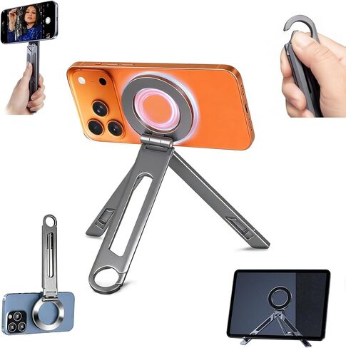 حامل ثلاثي القوائم مغناطيسي للهاتف iPhone iPad، حامل الهاتف اللوحي المحمول من الألومنيوم مع حلقة تسلق للهاتف الذكي حامل ثلاثي القوائم صغير مغناطيس قوي متوافق مع سلسلة iPhone 17 16 15 14 13 12 iPad in Kuwait