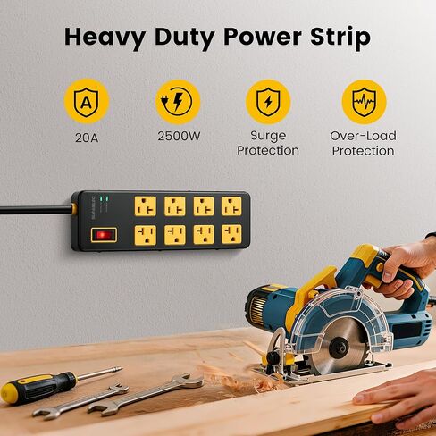 SURAIELEC Heavy Duty Power Strip 20Amp, 1960J Surge Protector for 15A & 20A Outlets (5-15P Plug), Metal Industrial 8-Outlets Power Strip with 6FT 12 Gauge Extension Cord for Workshop, Garage, Kitchen in Saudi Arabia