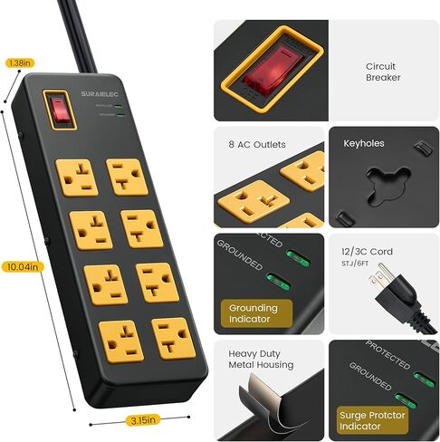 SURAIELEC Heavy Duty Power Strip 20Amp, 1960J Surge Protector for 15A & 20A Outlets (5-15P Plug), Metal Industrial 8-Outlets Power Strip with 6FT 12 Gauge Extension Cord for Workshop, Garage, Kitchen in Saudi Arabia