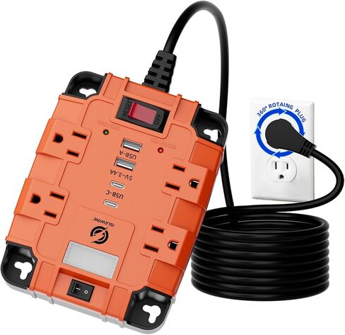 Magnetic Power Strip with Surge Protector, 6FT Power Cord with 360° Rotating Flat Plug, 4 AC Outlets & 4 USB Ports, Dual Magnets & 4 Mounting Holes for Workshop, Home and Office, ETL Listed, Orange in Saudi Arabia