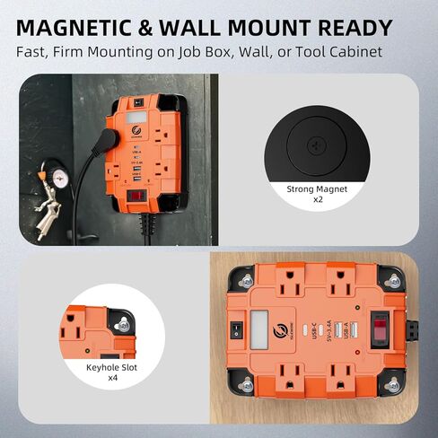 Magnetic Power Strip with Surge Protector, 6FT Power Cord with 360° Rotating Flat Plug, 4 AC Outlets & 4 USB Ports, Dual Magnets & 4 Mounting Holes for Workshop, Home and Office, ETL Listed, Orange in Saudi Arabia