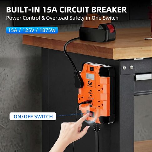 Magnetic Power Strip with Surge Protector, 6FT Power Cord with 360° Rotating Flat Plug, 4 AC Outlets & 4 USB Ports, Dual Magnets & 4 Mounting Holes for Workshop, Home and Office, ETL Listed, Orange in Saudi Arabia