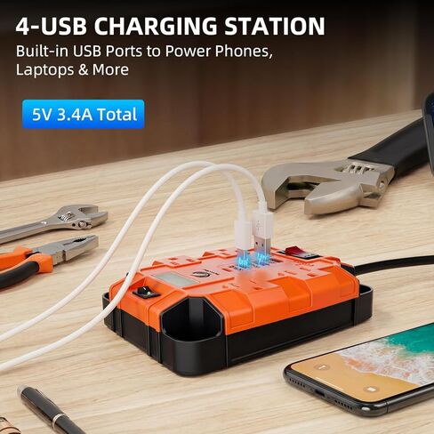 Magnetic Power Strip with Surge Protector, 6FT Power Cord with 360° Rotating Flat Plug, 4 AC Outlets & 4 USB Ports, Dual Magnets & 4 Mounting Holes for Workshop, Home and Office, ETL Listed, Orange in Saudi Arabia