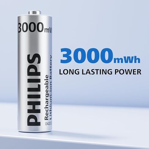 بطاريات ليثيوم AA قابلة لإعادة الشحن من Philips مع شاحن سريع، 8 عبوات 1.5 فولت 3000 مللي واط في الساعة، بطاريات AA عالية السعة، إخراج ثابت ليثيوم أيون مزدوج، أوقات دورة البطاريات تصل إلى 1200x in Kuwait