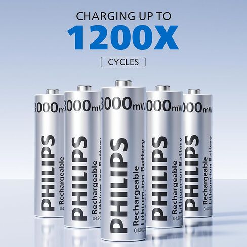 بطاريات ليثيوم AA قابلة لإعادة الشحن من Philips مع شاحن سريع، 8 عبوات 1.5 فولت 3000 مللي واط في الساعة، بطاريات AA عالية السعة، إخراج ثابت ليثيوم أيون مزدوج، أوقات دورة البطاريات تصل إلى 1200x in Kuwait