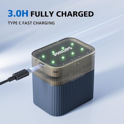 بطاريات ليثيوم AA قابلة لإعادة الشحن من Philips مع شاحن سريع، 8 عبوات 1.5 فولت 3000 مللي واط في الساعة، بطاريات AA عالية السعة، إخراج ثابت ليثيوم أيون مزدوج، أوقات دورة البطاريات تصل إلى 1200x in Kuwait