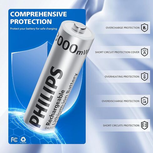 بطاريات ليثيوم AA قابلة لإعادة الشحن من Philips مع شاحن سريع، 8 عبوات 1.5 فولت 3000 مللي واط في الساعة، بطاريات AA عالية السعة، إخراج ثابت ليثيوم أيون مزدوج، أوقات دورة البطاريات تصل إلى 1200x in Kuwait