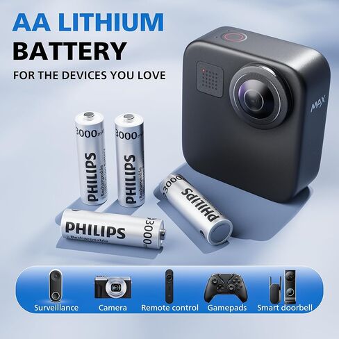 بطاريات ليثيوم AA قابلة لإعادة الشحن من Philips مع شاحن سريع، 8 عبوات 1.5 فولت 3000 مللي واط في الساعة، بطاريات AA عالية السعة، إخراج ثابت ليثيوم أيون مزدوج، أوقات دورة البطاريات تصل إلى 1200x in Kuwait