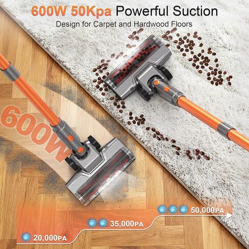 Cordless Vacuum Cleaner, 600W 50KPA 55Mins Vacuum Cleaners for Home, Stick Vacuum with LED Display, Anti-Tangle, Wall Mount, Lightweight, Rechargeable Wireless Vacumm for Pet Hair, Carpet and Floor in Saudi Arabia