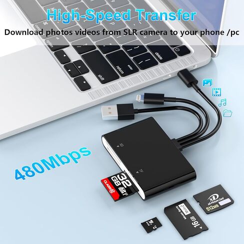 محول Memory Stick Pro Duo، 4 في 1 قارئ بطاقات SD/TF/MS/XD، قارئ بطاقات صور XD لـ USB C/Lightning/USB A، قارئ بطاقات SD متعدد لأجهزة iPhone 17/16/15/14/13/12/11/iPad/MAC/Android/Laptop/PC in Kuwait