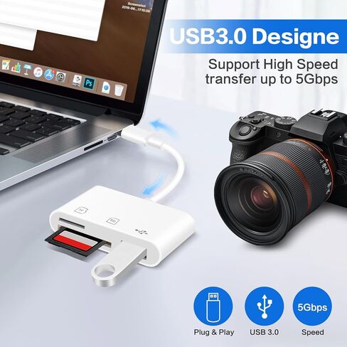 USB‑C SD Card Reader, Memory Card Adapter with SD/Micro SD/USB 3.0 Ports, TF Card Reader Compatible with iPhone 15/16, iPad, Mac, Android and USB C Devices, Digital Camera Adapter for iPhone in Saudi Arabia