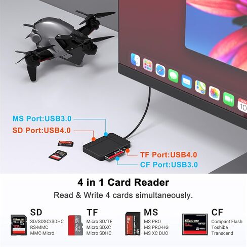 قارئ بطاقات SD 4.0، ذاكرة قارئ بطاقات Micro SD UHS-II لـ SDXC SDHC UHS-II & UHS-I، CF، CFI، TF، MMC، Micro SDXC، Micro SDHC، قارئ بطاقات MS، USB A/C متوافق مع MacBook، والكمبيوتر المحمول، والكمبيوتر اللوحي، إلخ in Kuwait